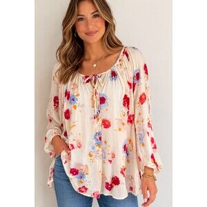 Lucky Brand 3X Floral Boho Peasant Tunic Top Tie Neck Flowy Romantic